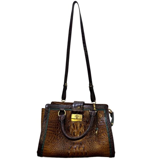Brahmin Tricolor Cognac Brown & Green Croc Embossed Leather Shoulder Bag Satchel - Picture 6 of 10